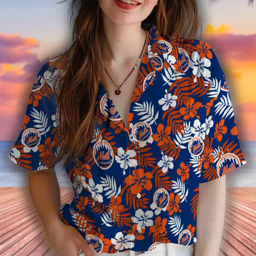 New York Mets Tropical Floral Hawaiian Shirt in Blue New York Mets Tropical Floral Hawaiian Shirt in Blue