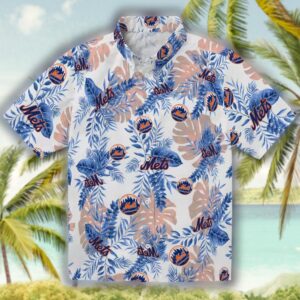 New York Mets Tropical Hawaiian Shirt White Leaf Design 1