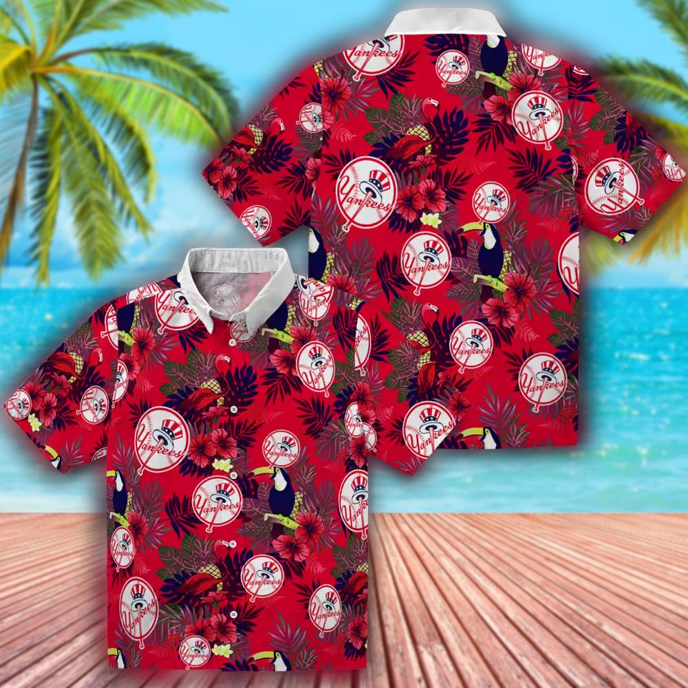 New York Yankees Hawaiian Shirt Floral Toucan Navy Red Design New York Yankees Hawaiian Shirt Floral Toucan Navy Red Design