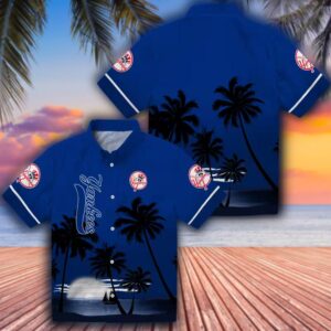 New York Yankees Hawaiian Shirt Navy Black Beach Sunset Design 3