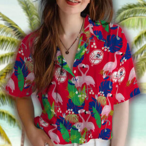 New York Yankees Hawaiian Shirt Navy Green Flamingo Foliage Design 4