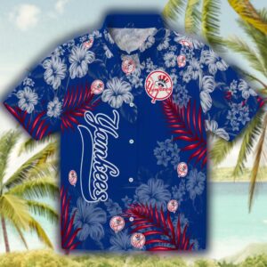 New York Yankees Hawaiian Shirt Navy Hibiscus Print 1
