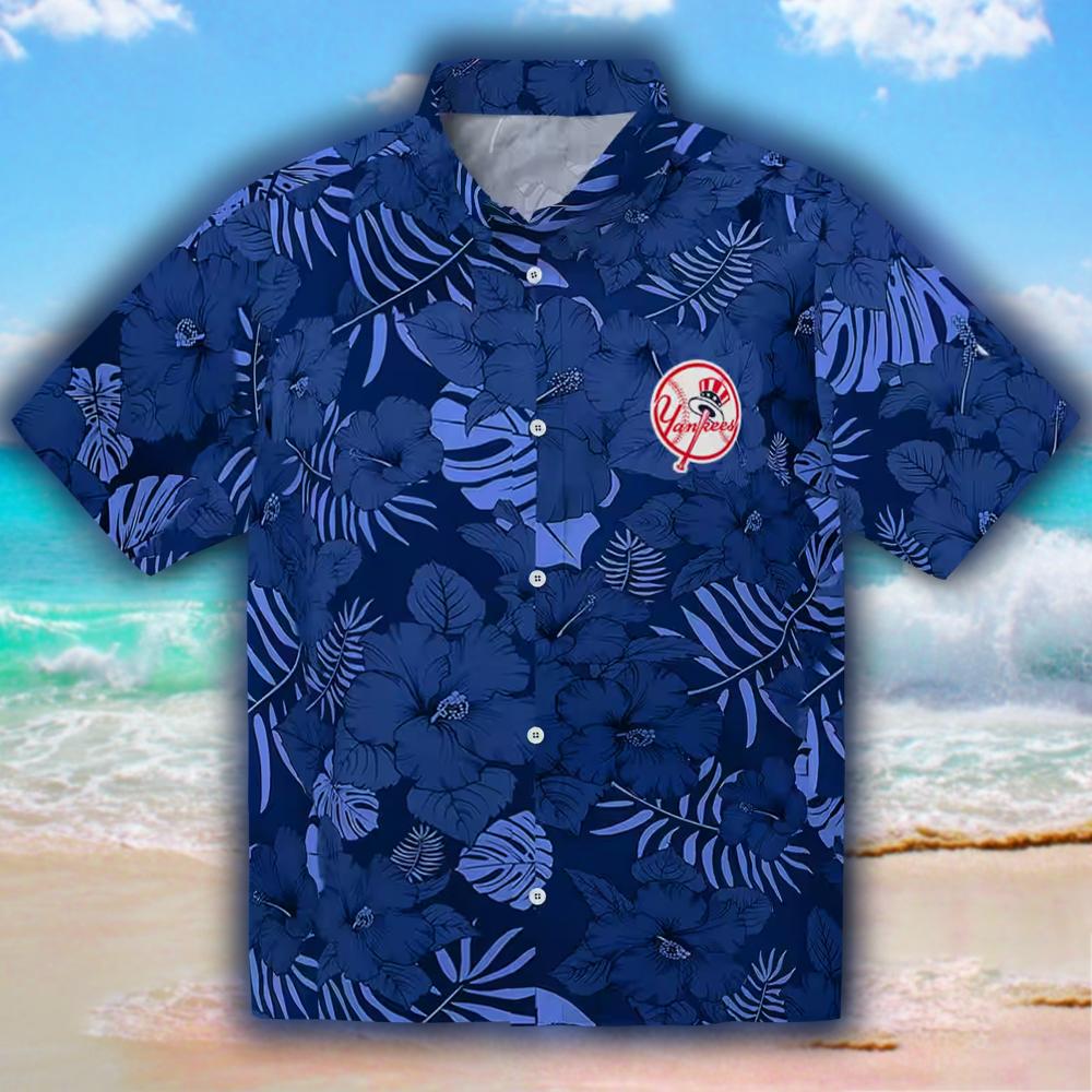 New York Yankees Hawaiian Shirt Navy Jungle Vibes Design New York Yankees Hawaiian Shirt Navy Jungle Vibes Design