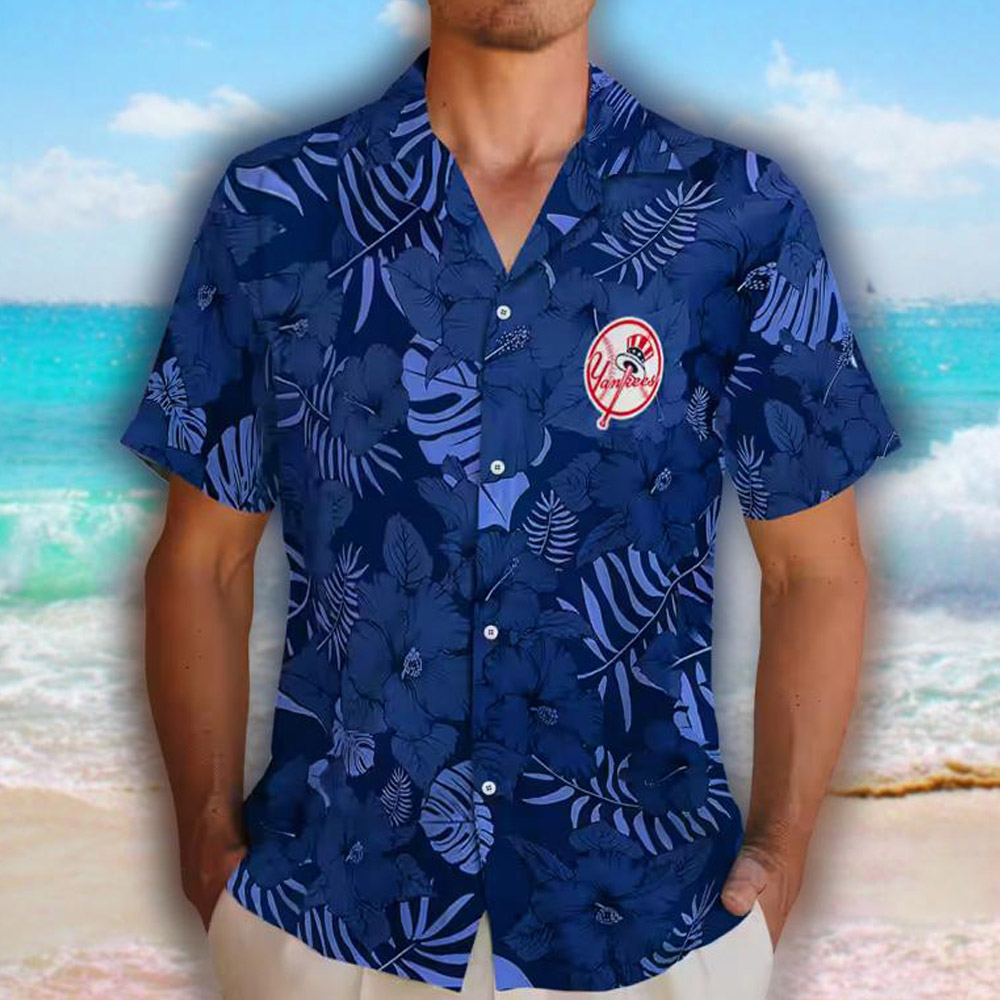 New York Yankees Hawaiian Shirt Navy Jungle Vibes Design New York Yankees Hawaiian Shirt Navy Jungle Vibes Design