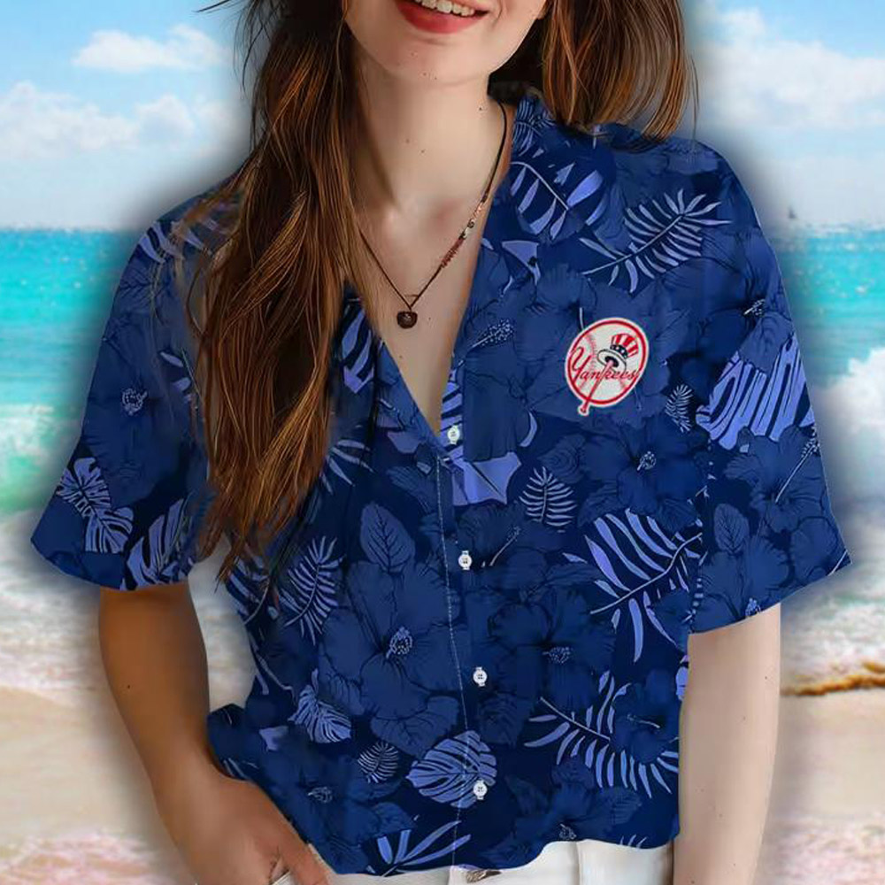New York Yankees Hawaiian Shirt Navy Jungle Vibes Design New York Yankees Hawaiian Shirt Navy Jungle Vibes Design