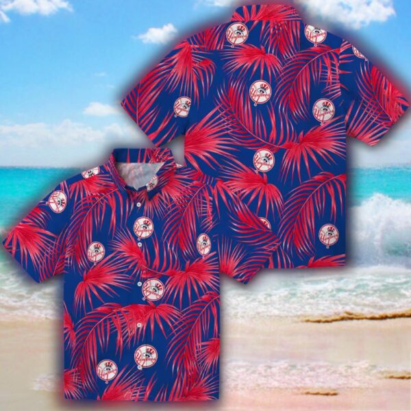 New York Yankees Hawaiian Shirt Navy Leafy Palms Design 3