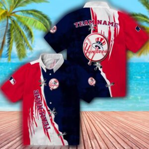 New York Yankees Hawaiian Shirt Navy White Edgy Streaks Custom Design 3