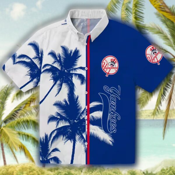 New York Yankees Hawaiian Shirt Navy White with Palm Trees Design 1
