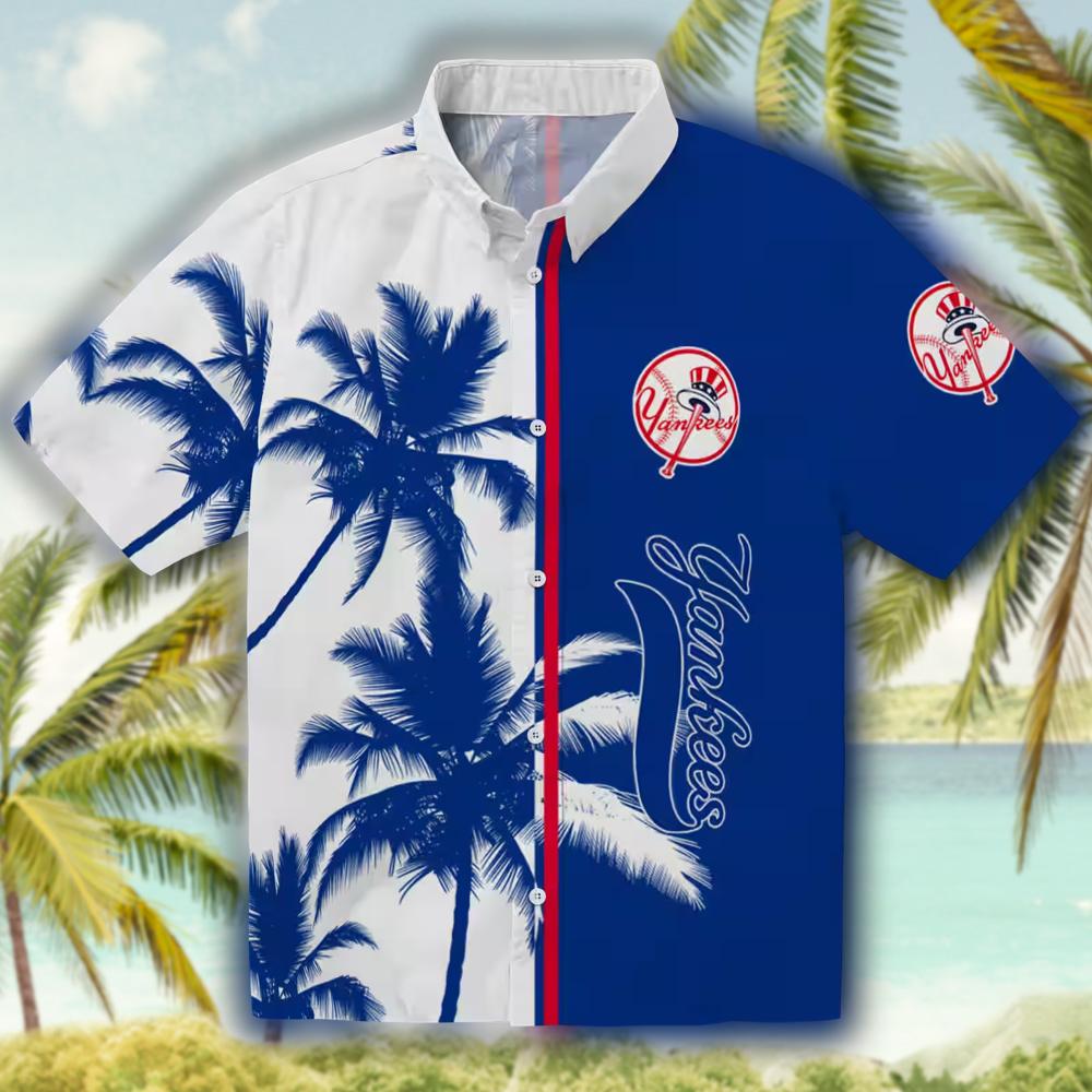 New York Yankees Hawaiian Shirt Navy White with Palm Trees Design New York Yankees Hawaiian Shirt Navy White with Palm Trees Design