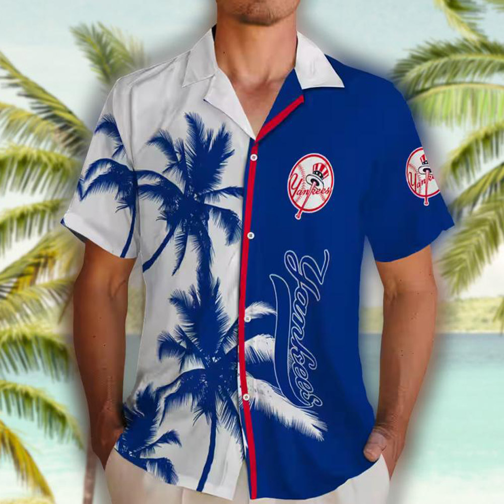 New York Yankees Hawaiian Shirt Navy White with Palm Trees Design New York Yankees Hawaiian Shirt Navy White with Palm Trees Design