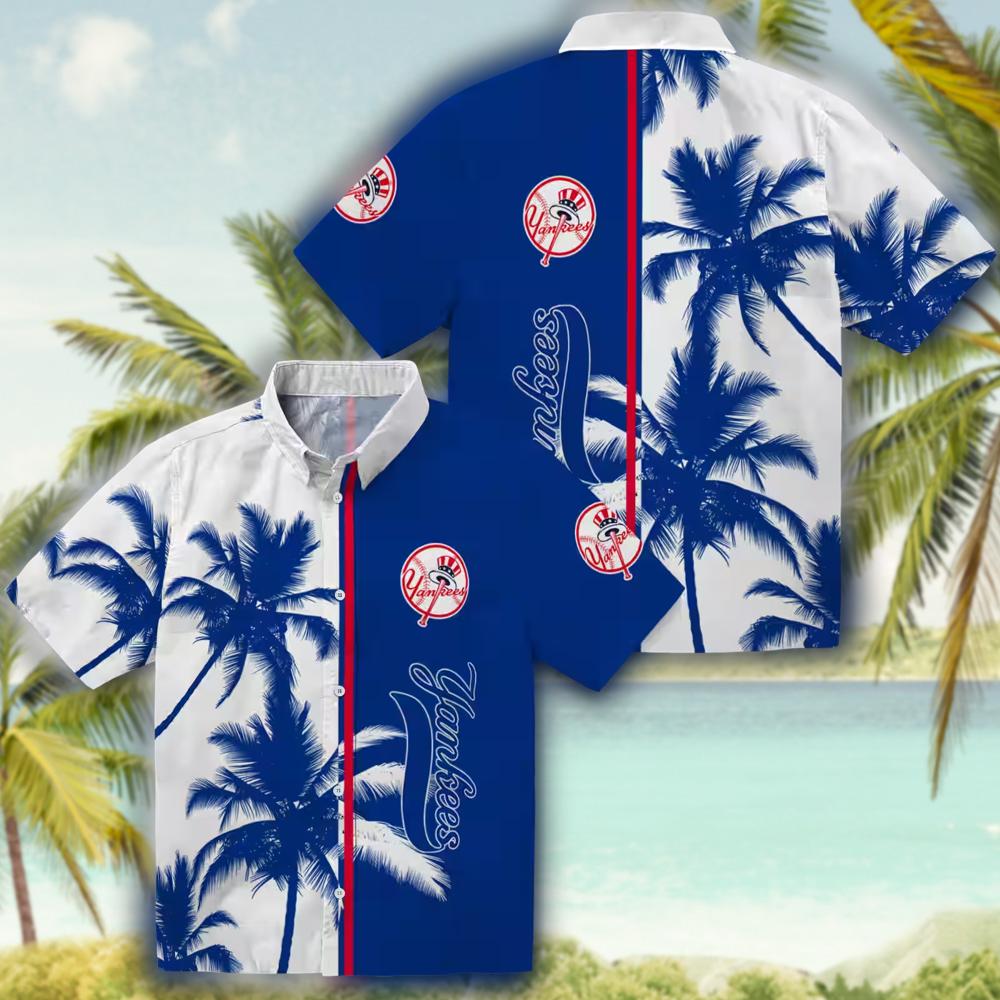 New York Yankees Hawaiian Shirt Navy White with Palm Trees Design New York Yankees Hawaiian Shirt Navy White with Palm Trees Design