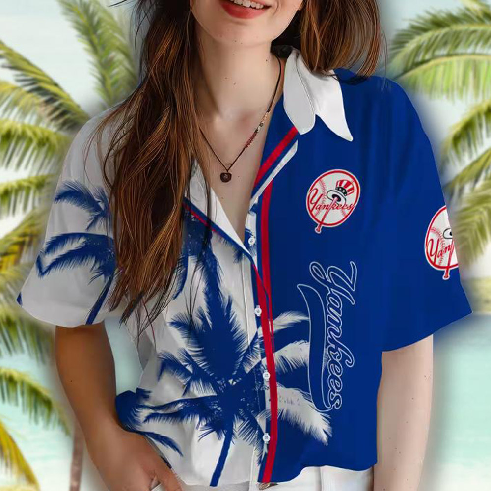 New York Yankees Hawaiian Shirt Navy White with Palm Trees Design New York Yankees Hawaiian Shirt Navy White with Palm Trees Design