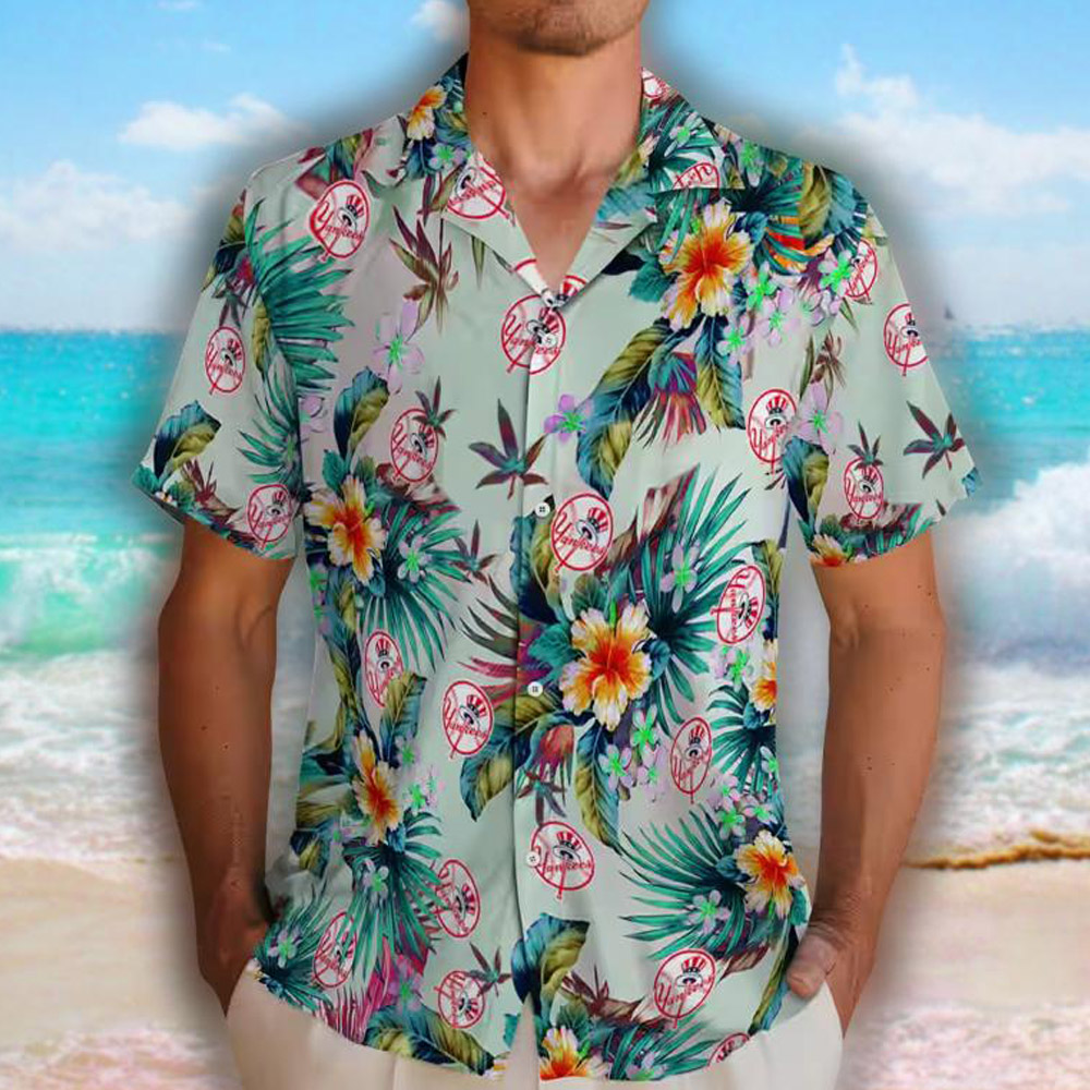 New York Yankees Hawaiian Shirt Tropical Foliage Green Design New York Yankees Hawaiian Shirt Tropical Foliage Green Design