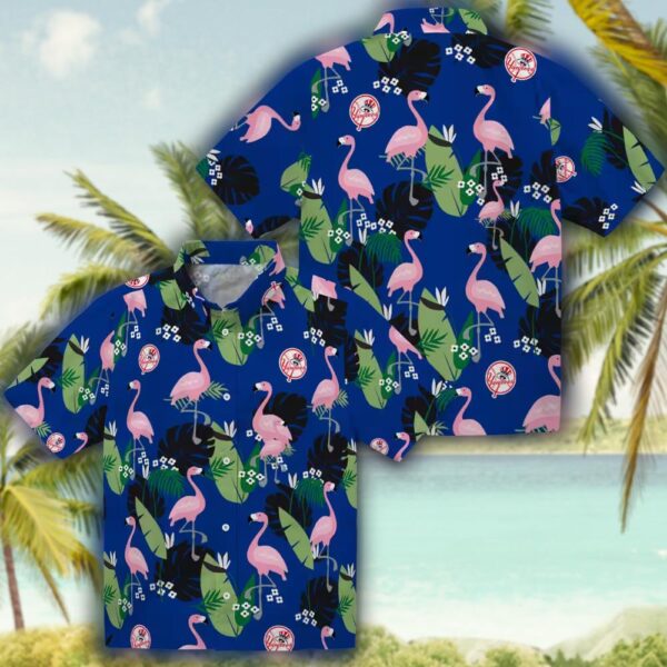 New York Yankees Navy Hawaiian Shirt with Flamingo Leaf Design 3