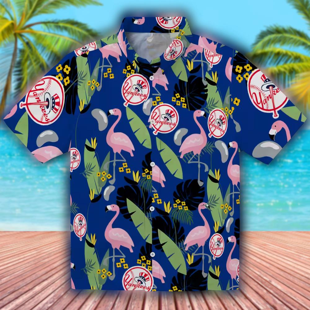 New York Yankees Navy Hawaiian Shirt with Flamingo Leaves New York Yankees Navy Hawaiian Shirt with Flamingo Leaves
