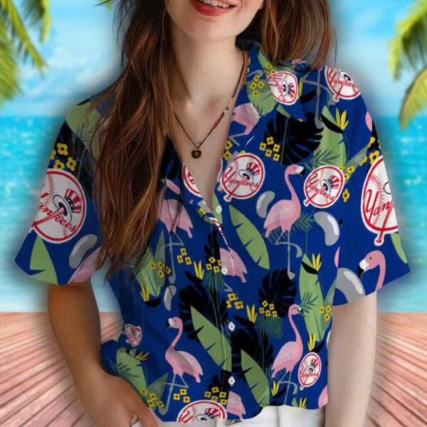 New York Yankees Navy Hawaiian Shirt with Flamingo Leaves 4
