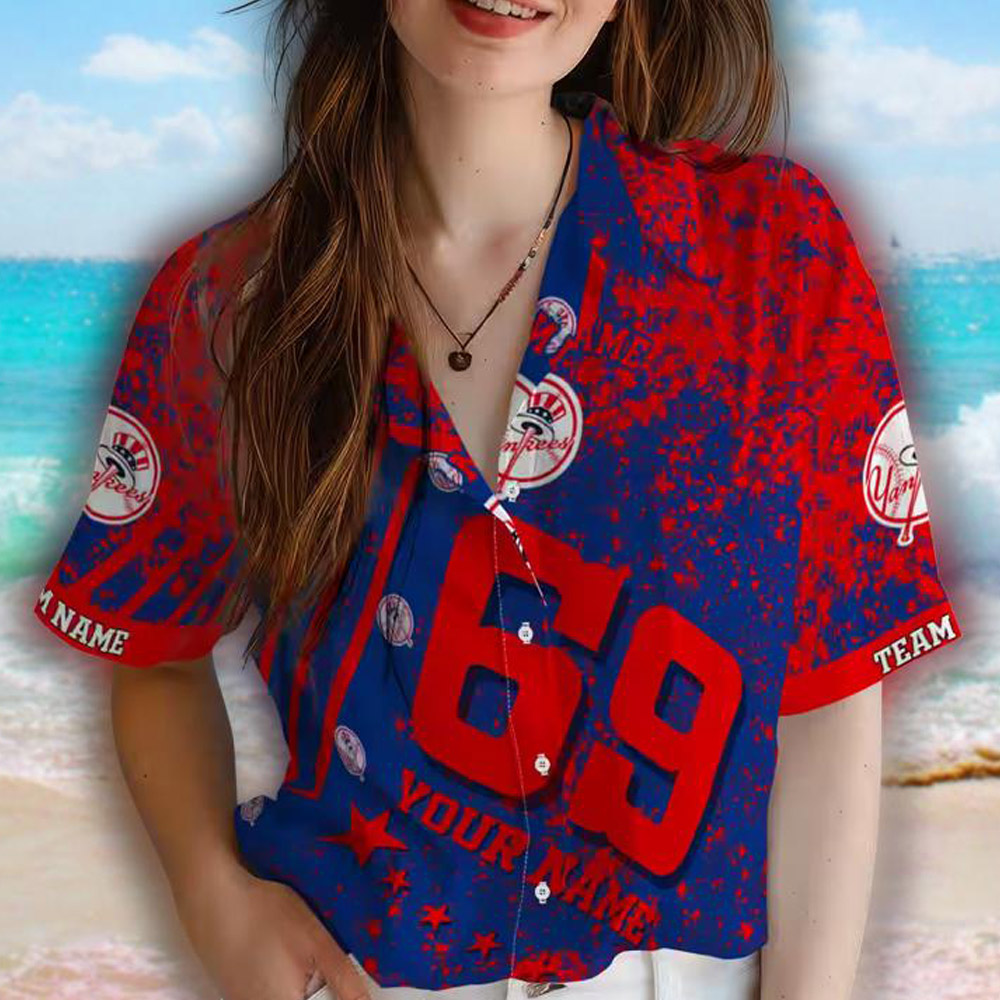 New York Yankees Navy Hawaiian Shirt with Star Stripes Custom Design New York Yankees Navy Hawaiian Shirt with Star Stripes Custom Design