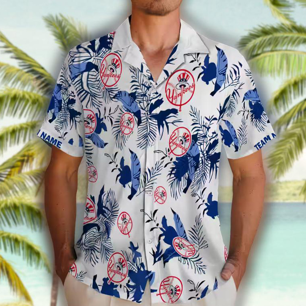 New York Yankees Navy White Hawaiian Shirt Botanical Theme Custom New York Yankees Navy White Hawaiian Shirt Botanical Theme Custom