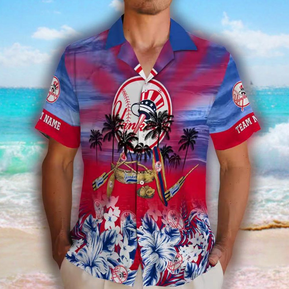 New York Yankees Tropical Hawaiian Shirt Canoe Navy Custom Design New York Yankees Tropical Hawaiian Shirt Canoe Navy Custom Design