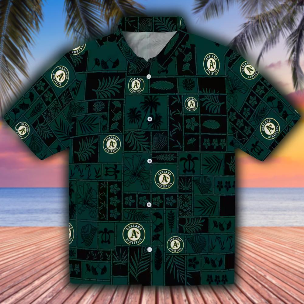 Oakland Athletics Green Black Tropical Hawaiian Shirt Patchwork Design Oakland Athletics Green Black Tropical Hawaiian Shirt Patchwork Design