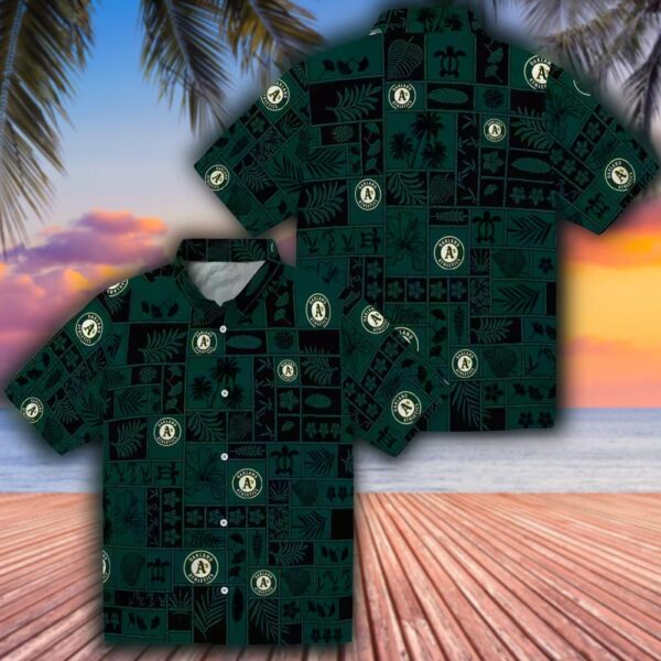 Oakland Athletics Green Black Tropical Hawaiian Shirt Patchwork Design 3