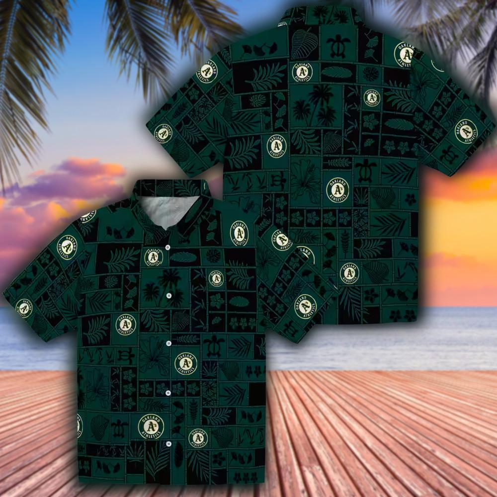 Oakland Athletics Green Black Tropical Hawaiian Shirt Patchwork Design Oakland Athletics Green Black Tropical Hawaiian Shirt Patchwork Design