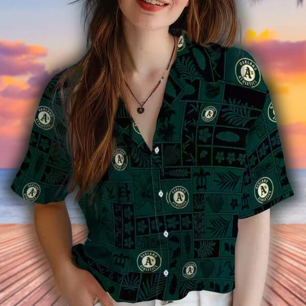 Oakland Athletics Green Black Tropical Hawaiian Shirt Patchwork Design 4