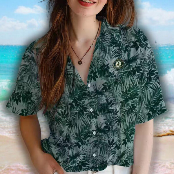 Oakland Athletics Green Hawaiian Shirt with Leafy Pattern 4