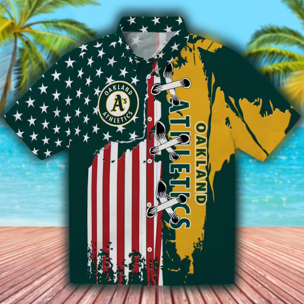 Oakland Athletics Green Hawaiian Shirt with Stitched Flag Design Oakland Athletics Green Hawaiian Shirt with Stitched Flag Design