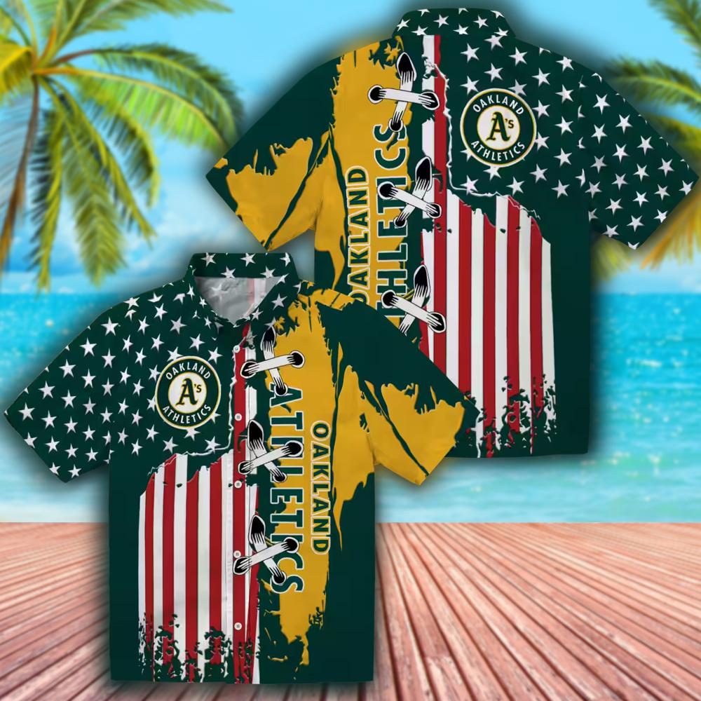 Oakland Athletics Green Hawaiian Shirt with Stitched Flag Design Oakland Athletics Green Hawaiian Shirt with Stitched Flag Design