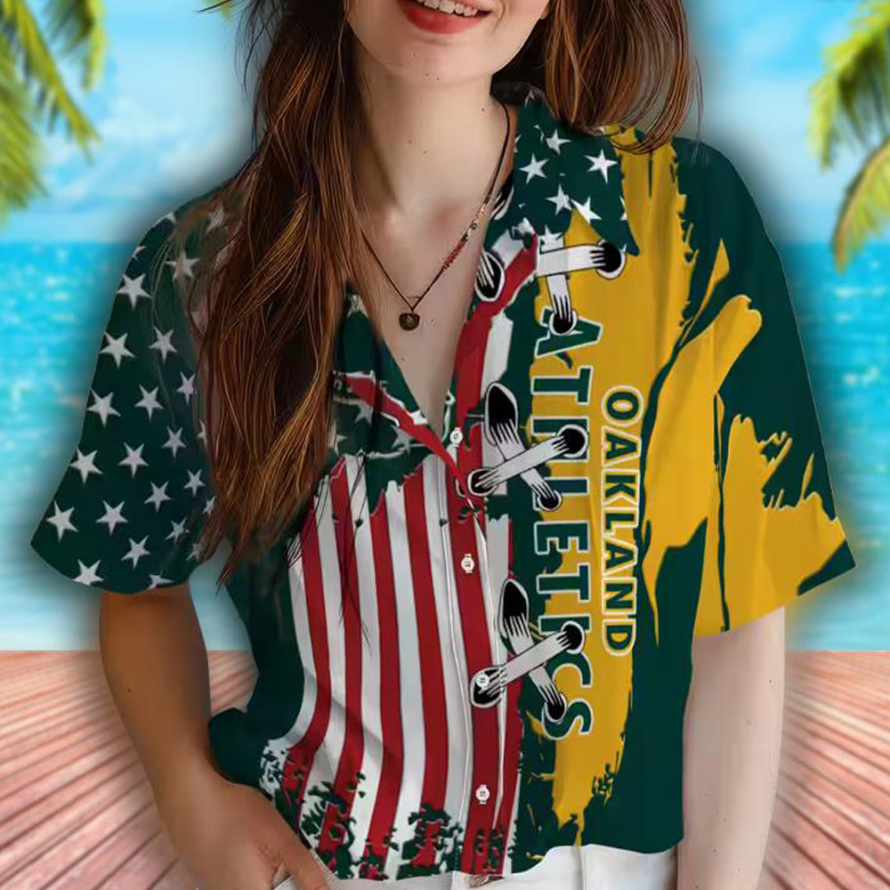 Oakland Athletics Green Hawaiian Shirt with Stitched Flag Design Oakland Athletics Green Hawaiian Shirt with Stitched Flag Design