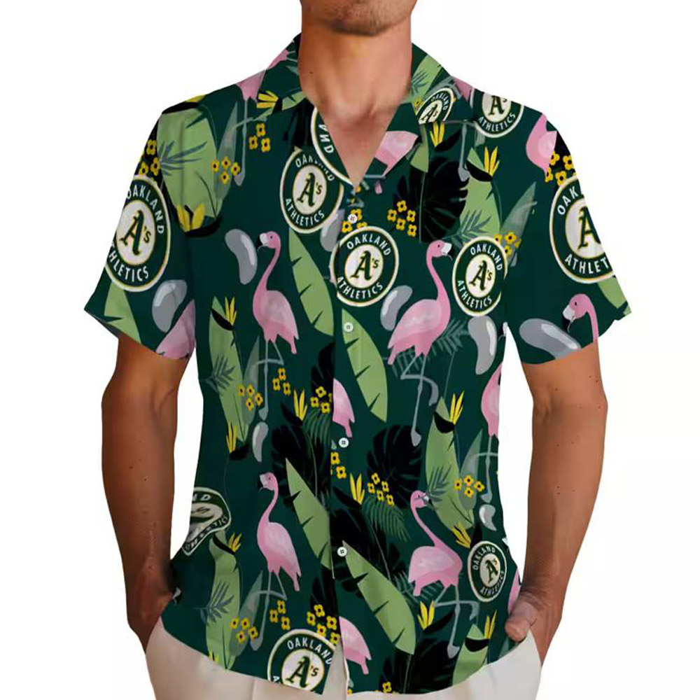 Oakland Athletics Hawaiian Shirt Green Flamingo Leaves Design Oakland Athletics Hawaiian Shirt Green Flamingo Leaves Design