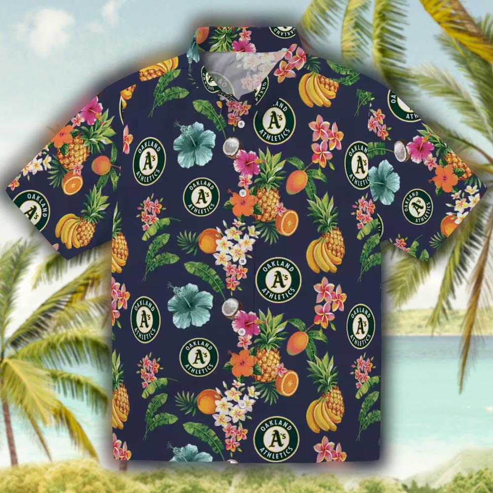 Oakland Athletics Hawaiian Shirt Navy Blue Hibiscus Fruit Design Oakland Athletics Hawaiian Shirt Navy Blue Hibiscus Fruit Design