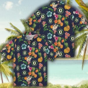 Oakland Athletics Hawaiian Shirt Navy Blue Hibiscus Fruit Design 3