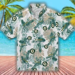 Oakland Athletics Hawaiian Shirt Tropical Leaves Green White Design 1