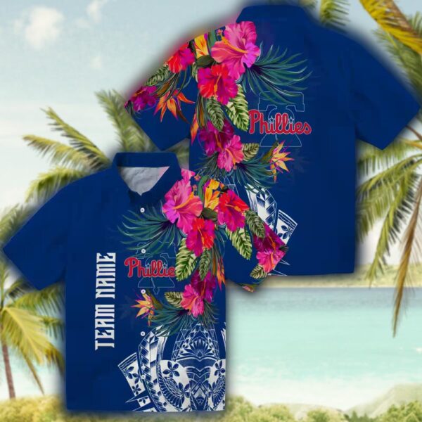 Philadelphia Phillies Blue Hawaiian Floral Shirt Polynesian Style 3
