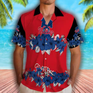 Philadelphia Phillies Hawaiian Shirt Blue Black Hibiscus Stripe 2
