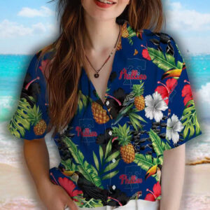 Philadelphia Phillies Hawaiian Shirt Blue Green Hibiscus Pineapple Design 4