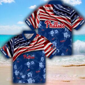 Philadelphia Phillies Hawaiian Shirt Personalized Blue US Flag Hibiscus 3