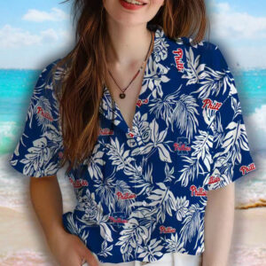 Philadelphia Phillies Hawaiian Shirt Tropical Leaf Blue White Design 4