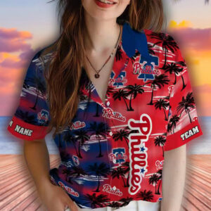 Philadelphia Phillies Palm Silhouette Blue Hawaiian Shirt 4