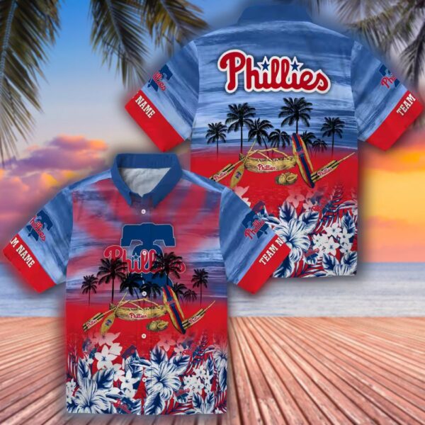 Philadelphia Phillies Tropical Canoe Blue Hawaiian Shirt Personalized 3