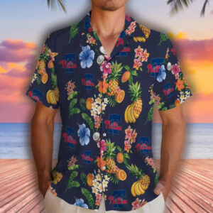 Phillies Navy Blue Hawaiian Shirt with Hibiscus Fruit Design 2
