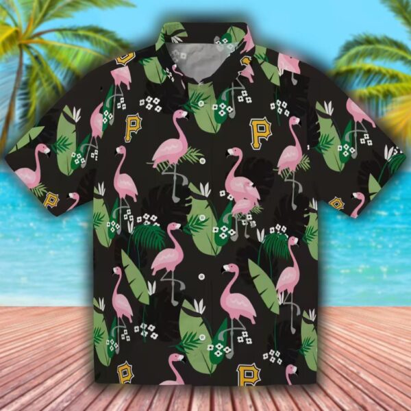 Pittsburgh Pirates Black Hawaiian Shirt with Flamingo Leaf Design 1