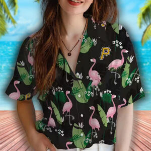 Pittsburgh Pirates Black Hawaiian Shirt with Flamingo Leaf Design 4