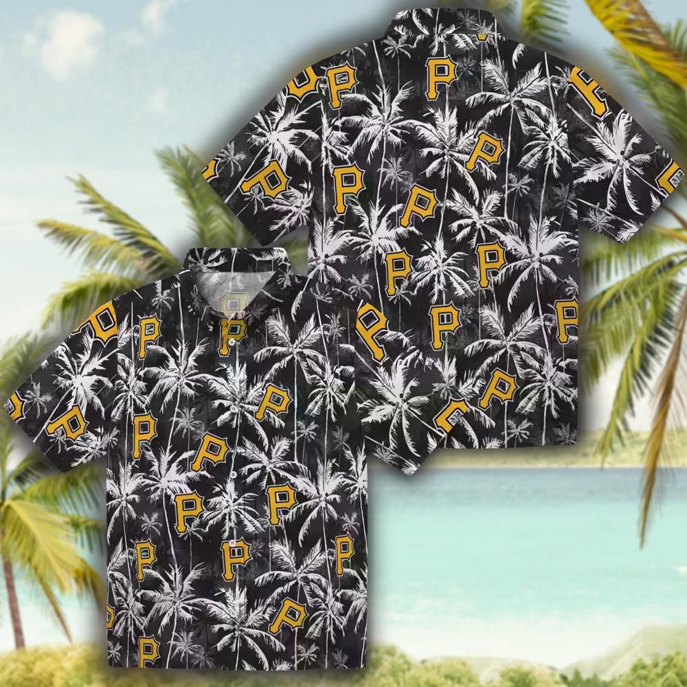 Pittsburgh Pirates Black Hawaiian Shirt with Palm Pattern Pittsburgh Pirates Black Hawaiian Shirt with Palm Pattern