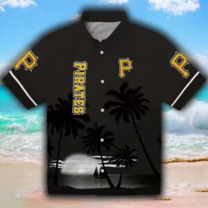 Pittsburgh Pirates Hawaiian Shirt Beach Sunset Black Design 1