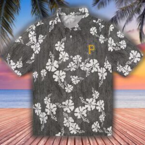 Pittsburgh Pirates Hawaiian Shirt Black Hibiscus Clusters Design 1