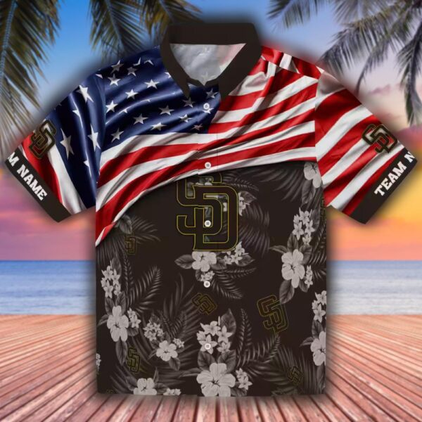 San Diego Padres Custom Hawaiian Shirt US Flag Design Brown Hibiscus 1