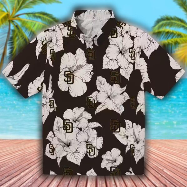 San Diego Padres Hawaiian Shirt Brown White Hibiscus Pattern 1